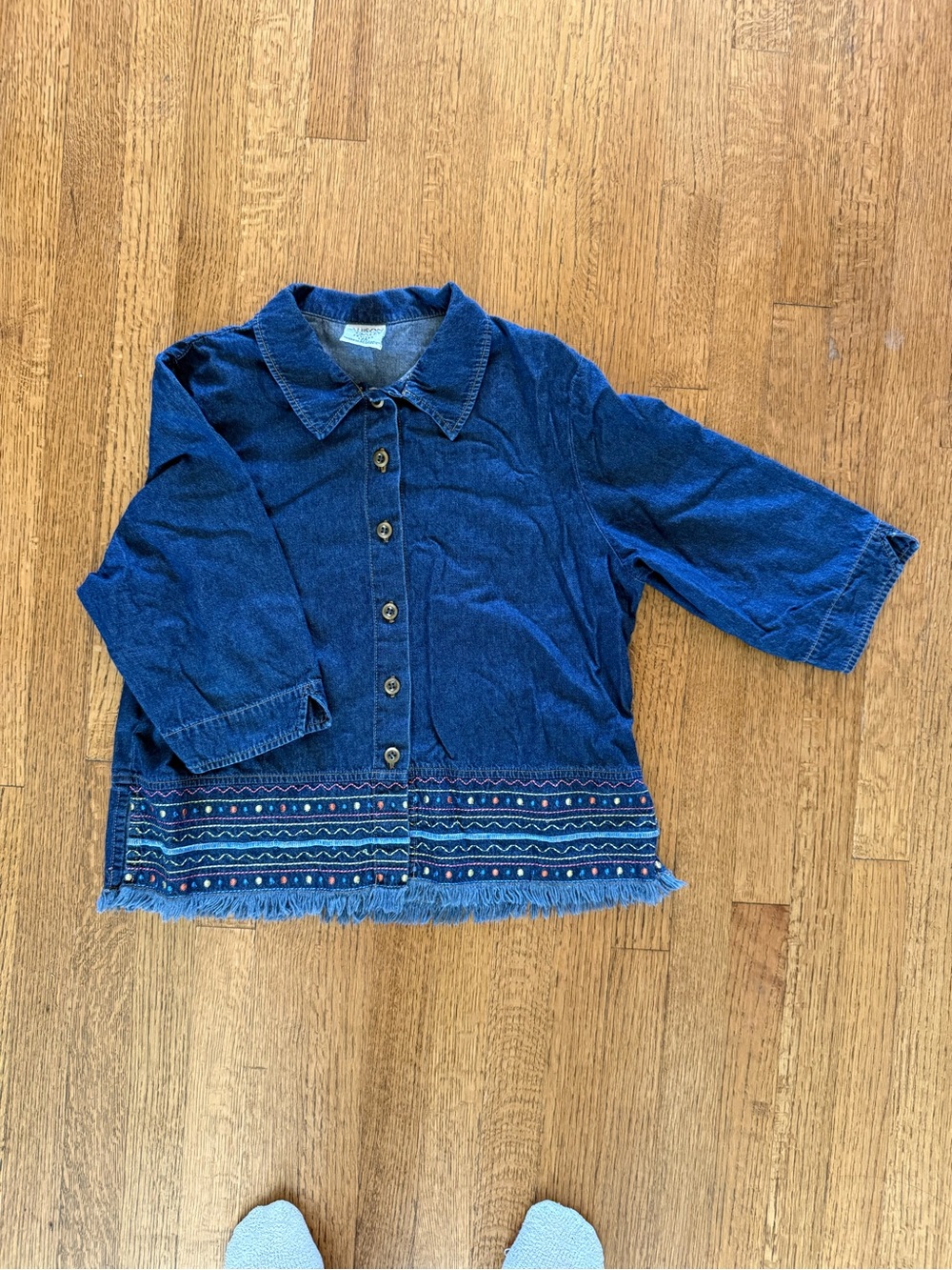 Allison Daley Indigo Denim Button-Front Jacket with Embroidered Hem